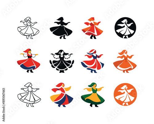 Joyful Dance Icons. Joyful dancers in traditional costumes. Icon set. Set Logo of Joyful dancers in traditional costumes: folk dancer spinning skirt.