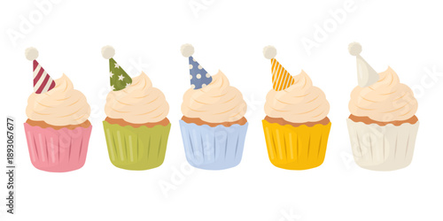 Set of five pastel birthday cupcakes with creamy swirl frosting and different party hats. Cute flat vector dessert collection isolated on white background, ideal for invitations, greeting cards