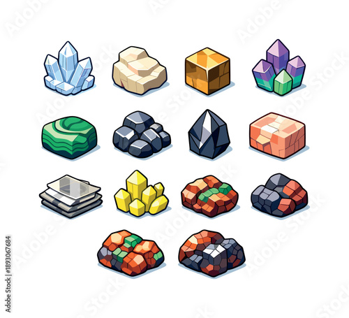Colorful Mineral Icons. Mineral Samples. Colorful isometric vector icons set of Mineral Samples: quartz crystal, calcite rock, pyrite cube, fluorite crystal,