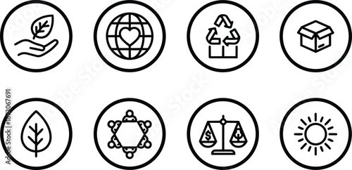 Minimalist line art eco icon set showing hand holding leaf globe with heart recycling box single leaf community meeting balance scale sun simple vector monochrome outline