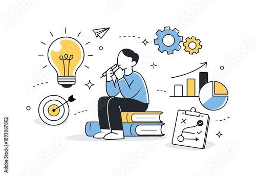 Innovative Business Concept. Creative business idea illustration. Minimal abstract elements like lightbulbs, gears, and charts combined with a figure to