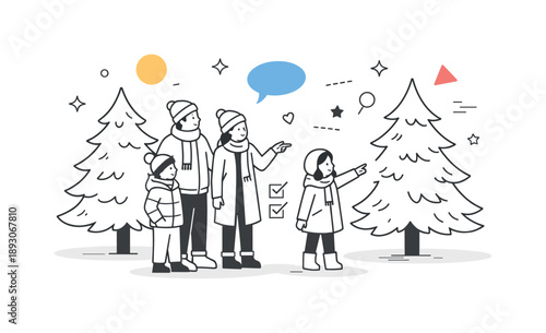 Choosing Christmas Tree. People choosing Christmas tree. Family standing together and comparing Christmas trees, pointing and discussing calmly. Festive