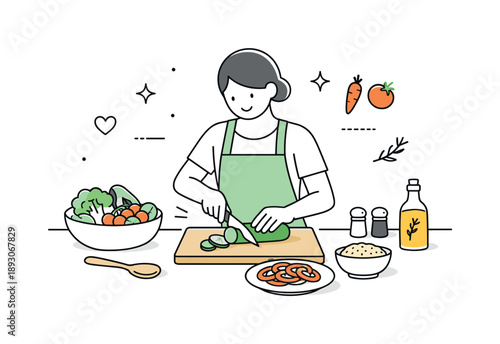 Mindful Kitchen Moment. Healthy cooking. Person preparing fresh vegetables in a clean kitchen, calm movements and simple tools on the table. Feeling of