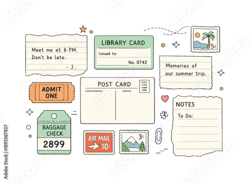 Vintage Paper Collection. Old paper ephemera. A curated flat lay of aged paper scraps, tickets, stamps, and typewritten notes arranged neatly, showing vintage