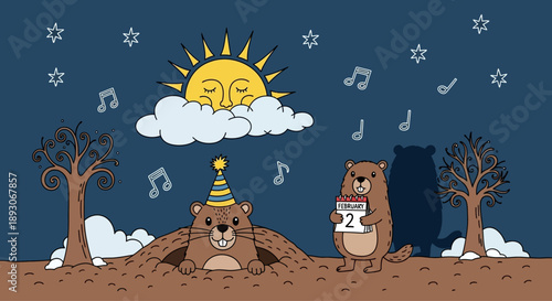 Two cartoon bears enjoying music together outside.