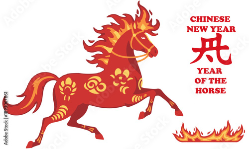Happy Chinese New Year 2026 Year of the Fire Horse Vector Illustration, Red Galloping Horse with Flames Silhouette and 2026 Typography, Lunar New Year Zodiac Concept Isolated on White Background