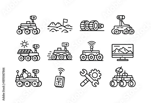 Space Rover Icons. Space rover vehicle. Line icon set of Space rover vehicle: robotic rover, planetary surface, exploration wheels, camera mast, solar power,