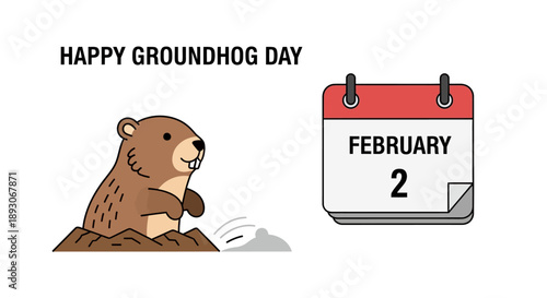 Groundhog Emerging from Burrow on Calendar Date.
