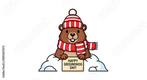 Groundhog Day Cartoon Character Holding Sign.