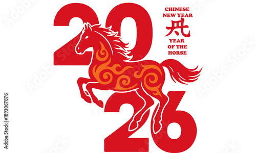 Happy Chinese New Year 2026 Year of the Fire Horse Vector Illustration, Red Galloping Horse with Flames Silhouette and 2026 Typography, Lunar New Year Zodiac Concept Isolated on White Background