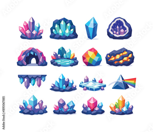 Colorful Crystal Cave Icons. Crystal caves. Colorful flat vector icons set of crystal caves: quartz cluster, glowing crystal wall, sapphire shard, geode