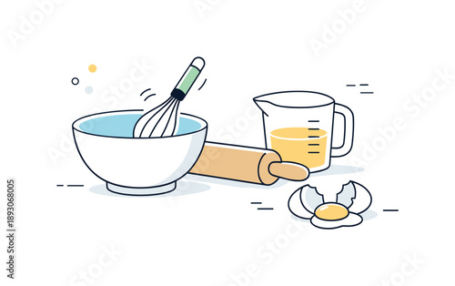 Minimalist Baking Tools. Baking tools simplicity. A minimal illustration showing a small selection of baking utensils with plenty of empty space around. The