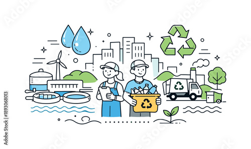 Sustainable Water Solutions. Water treatment and waste management solutions. A clean city scene with treatment facilities, water drops, and recycling symbols