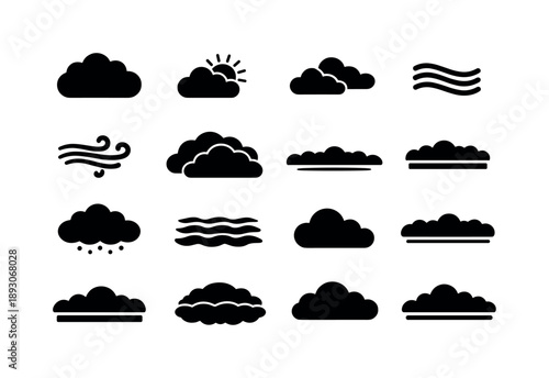 Overcast Weather Icons. Overcast Weather. Solid icon set of Overcast Weather: dense cloud, sun obscured, low clouds, sky layers, wind lines, heavy cloud cover,