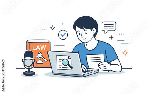 Journalist's Workspace. Journalism and law. A reporter reviewing legal documents on a laptop while a law book and microphone sit nearby. The illustration