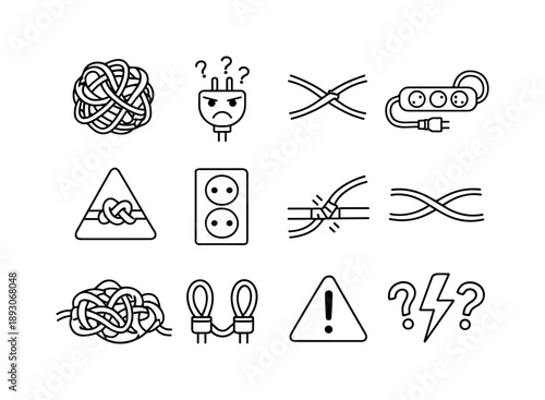Tangled Cords Icon Set. Cord Management Problem. Line icon set of Cord Management Problem: tangled cord ball, confused plug face, crossed cable paths, twisted