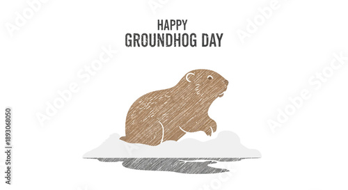 Groundhog Standing on Snowy Ground.