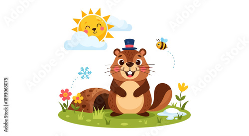 Cartoon Beaver Wearing Top Hat Sitting.