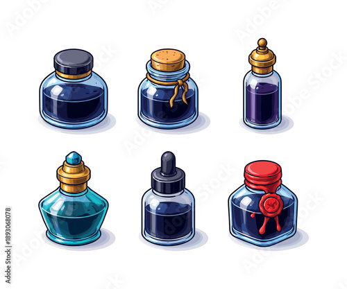 Vintage Ink Bottles Grid. Vintage Ink. Isometric flat vector icons set of Vintage Ink: classic round ink bottle, corked ink jar, antique ink vial, decorative