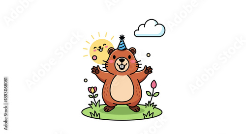 Cartoon Bear Celebrating with Party Hat.