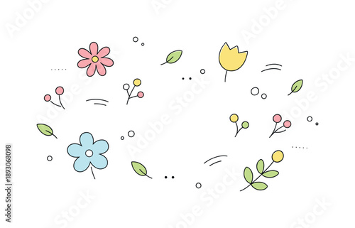 Spring Floral Harmony. Seasonal floral background spring. Abstract floral shapes and small buds floating freely with lots of white space. Fresh renewal