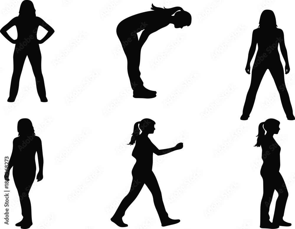 Obraz premium Vector silhouettes of woman in six poses standing walking bending profile and front view isolated figures for fitness posture design and infographic use