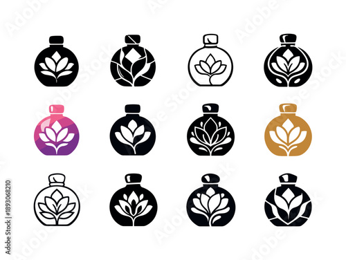 Perfume Logo Variations. Perfume bottle. Icon set. Set Logo of Perfume bottle: round floral-inspired bottle. harmonious logo variations of the same emblematic