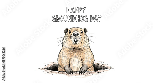 Groundhog Standing Outside Burrow Happy Groundhog Day.