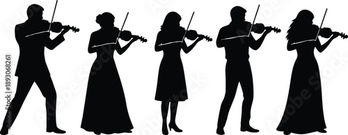 Silhouette vector group of five violinists playing in profile view wearing dresses and suits on stage with bows raised dynamic concert posture black and white minimalist