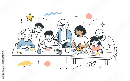 Creative Art Collaboration. Community art workshop. People learning and creating together at tables with paper, paint, and simple tools. Supportive educational