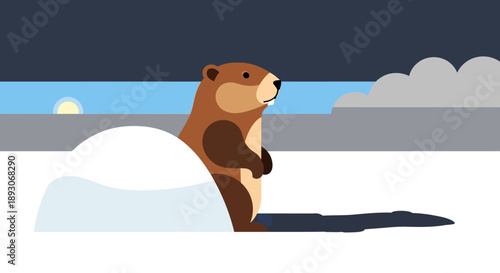 Brown Groundhog Standing on Snowy Ground.