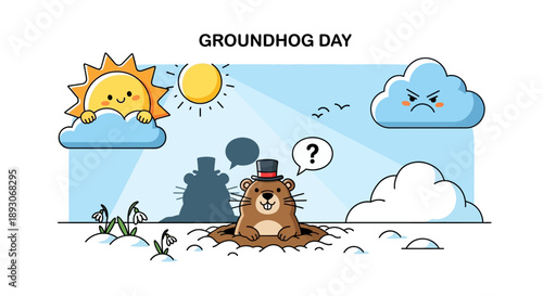 Groundhog Emerging from Burrow on Groundhog Day.