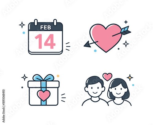 Valentine's Day Icons. February Event Icons. Clean editorial icon set highlighting Valentine?s Day, calendar date, heart and gift, neatly arranged with a calm