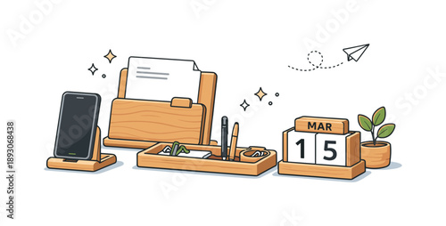 Minimalist Wooden Desk Accessories. Natural wood office accessories. Desk items made of wood including phone stand, document holder, pen tray, and calendar