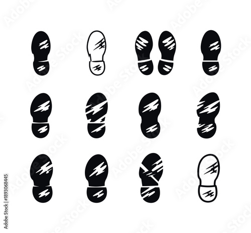 Scuffed Shoe Icons. Scuffed Shoes. Icon set. Set Logo of Scuffed Shoes: shoe sole with abrasion marks. harmonious logo variations of the same emblematic