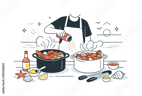 Seafood Boil Prep. Preparing a seafood boil. Person pouring seasoning over seafood pots on a table near the beach, with utensils and decorative shells around.