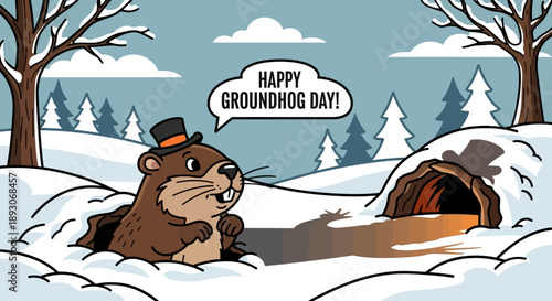 Groundhog Emerging from Burrow on Groundhog Day.