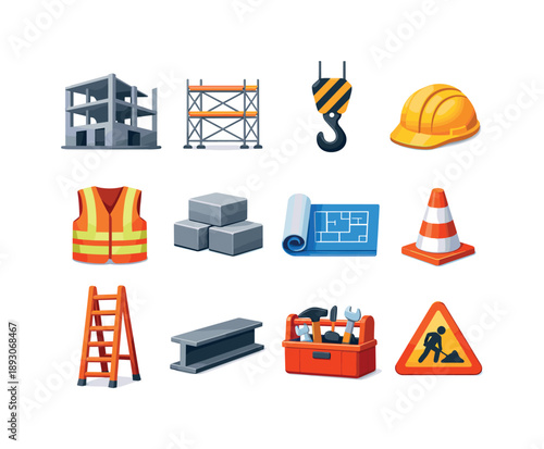 Colorful Construction Icons. Building Construction. Colorful flat vector icons set of Building Construction: unfinished building, scaffolding structure, crane
