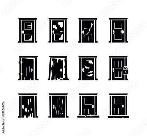 Neglected Door Icons. Neglected Doorway. Solid icon set of Neglected Doorway: rundown door, faded paint patches, cracked panels, rusty knob, worn hinges,