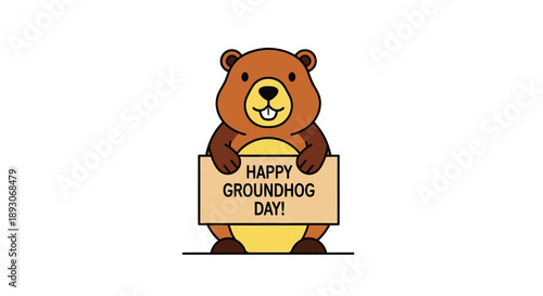 Cartoon Bear Holding Groundhog Day Sign.