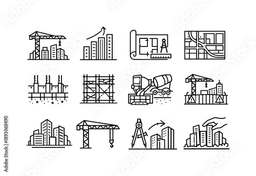 Urban Construction Icons. Urban construction growth. Line icon set of Urban construction growth: crane in skyline, rising buildings, construction blueprint,