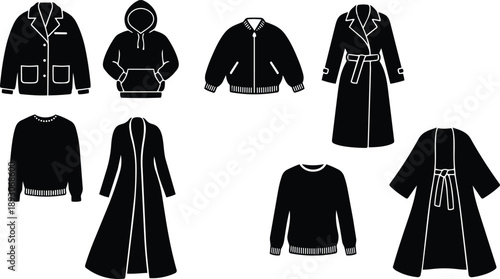 Flat design winter outerwear icons collection close up assorted coats jackets hoodies sweaters in front view isolated vector silhouettes simple black minimal style belt pockets trims