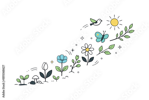 Growth in Harmony. Awakening life cycle. Plants, buds, and small natural elements arranged in a gentle upward flow. Visual metaphor of growth, life returning,