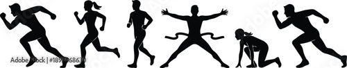 Minimalist silhouette vector runners in progressive action sequence showing sprint start mid run finishing crossing finish tape starting blocks side view on white background dynamic motion