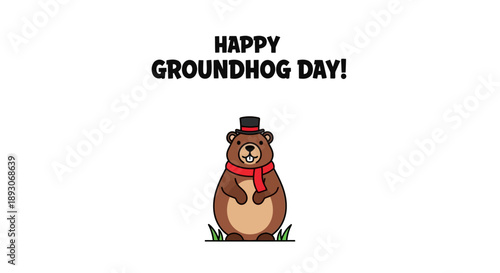 Cartoon Groundhog Wearing Hat and Red Scarf.
