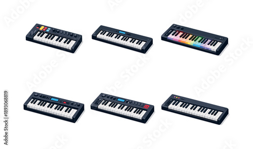 Digital Piano Icons. Digital Piano. Isometric flat vector icons set of Digital Piano: MIDI keyboard keys, compact digital piano keys, backlit keyboard keys,