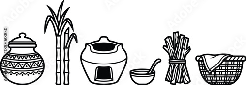 Hand drawn line art sugarcane stalks clay pot boiling stove mortar bowl bundle of firewood woven basket with cloth rural traditional processing scene close up outline