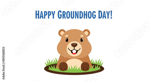 Cartoon Groundhog Standing on Grass Patch.