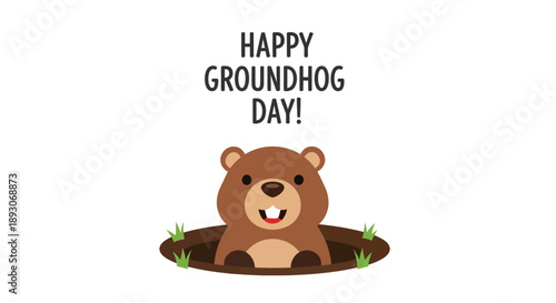 Cartoon Groundhog Emerging from Burrow Hole.