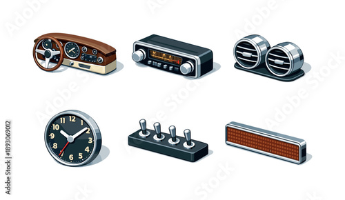 Vintage Interior Icons. Vintage interior. Isometric flat vector icons set of Vintage interior: classic dashboard layout, analog radio unit, chrome air vents,